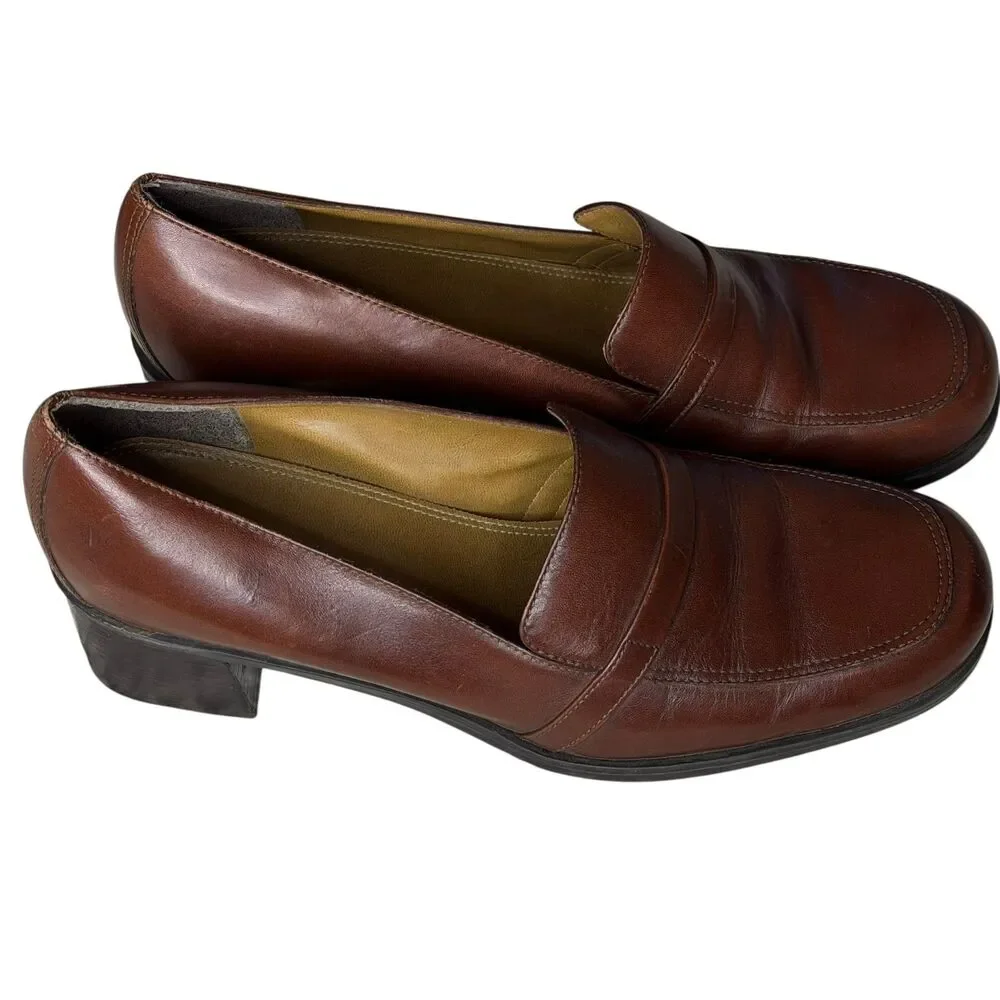 Naturalizer Womens Leather Loafers Block Heel Slip On Shoes Brown 9.5